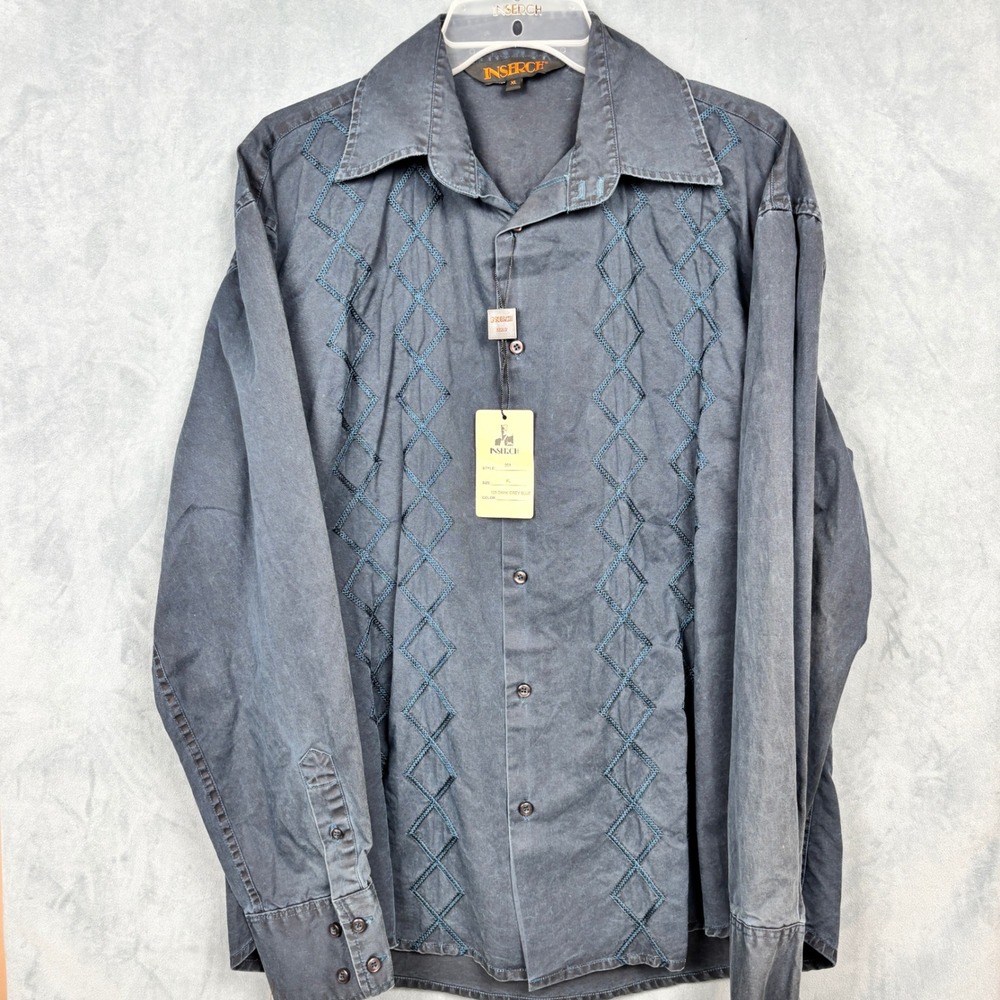Inserch Mens XL Dark Grey Blue Diamond Embroidered Button Down Shirt 201 NEW